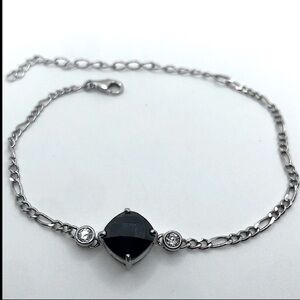 Sterling Onyx Facet Cut Stone w Bezel Set Cz Bracelet 7” - 9.5” Adjustable